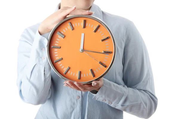 Vrouw Met Grote Alarm Clock Geïsoleerd Witte Achtergrond — Stockfoto