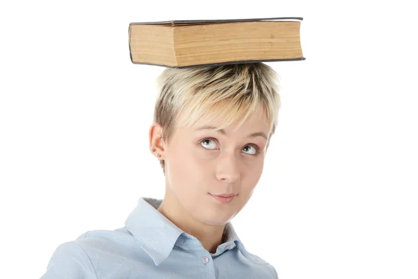 Adolescente Estudante Mulher Com Livro Cabeça Isolado Branco — Fotografia de Stock