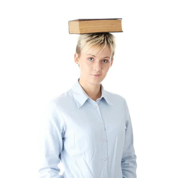Adolescente Estudante Mulher Com Livro Cabeça Isolado Branco — Fotografia de Stock