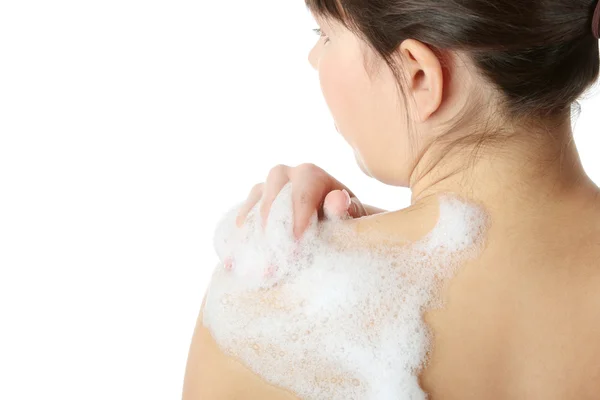 Młoda Kobieta Prysznic Mycie Jej Ciało Białym Tle — Zdjęcie stockowe