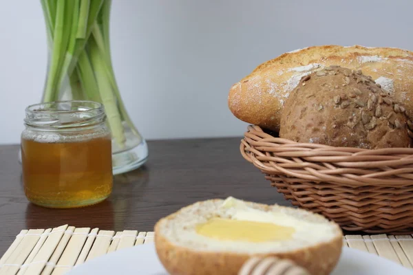 Fresh Bread Honey Cup Cofee Green Apples — Stock Photo, Image