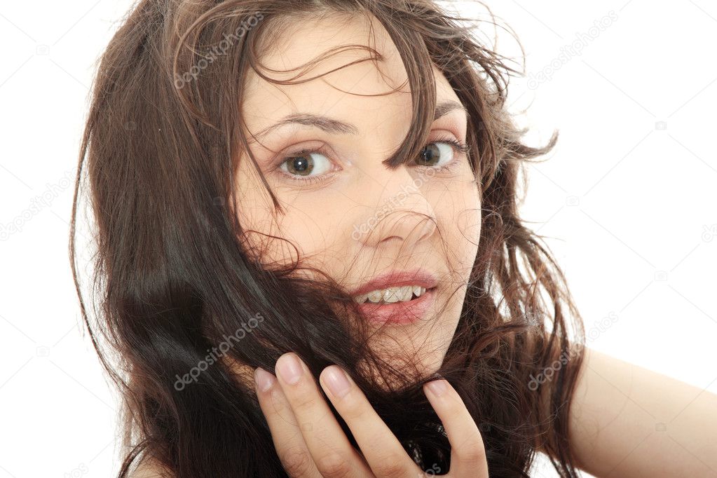Front view of beauty and sexy woman with blown hairs