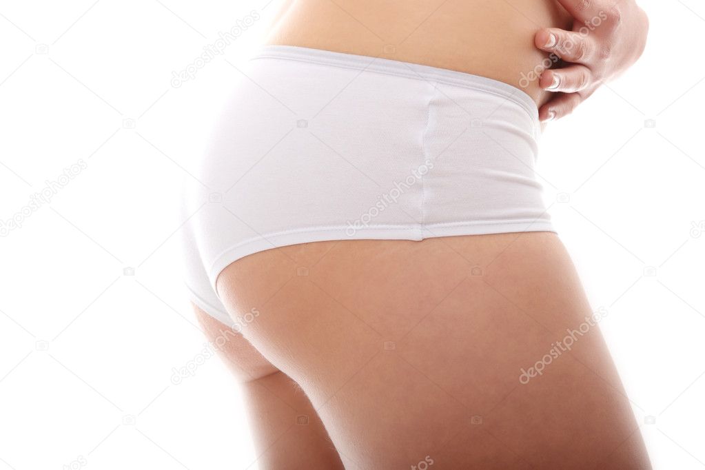 Close up photo of a side view of the female body, isolated on white background