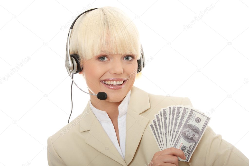 Businesswoman with headset holding dollars
