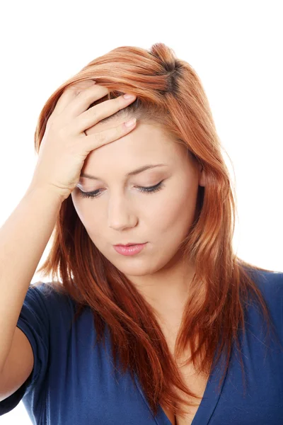 Frau Mit Kopfschmerzen Hält Ihre Hand Den Kopf Isoliert Auf — Stockfoto