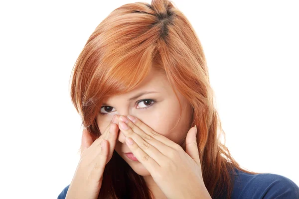 Young Woman Sinus Pressure Pain Isolated White — Stock Photo, Image