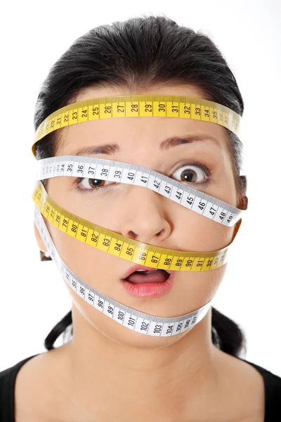 Beautiful Young Caucasian Woman Measuring Tape Her Head Isolated White — Stock Photo, Image