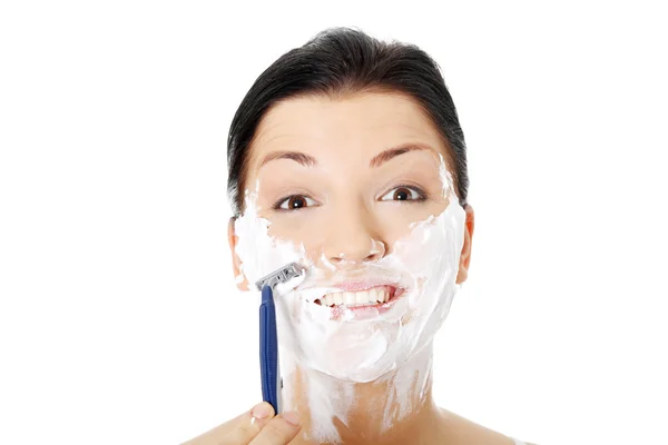 Young Woman Have Morning Shave Isolated White — Stock Photo, Image