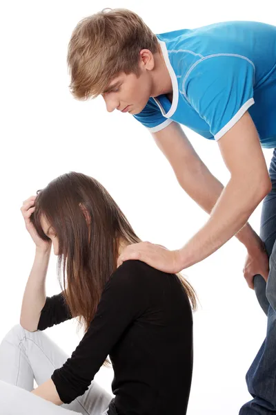 Troubled Young Girl Comforted Her Boyfriend Isolated White Background — Stock Photo, Image