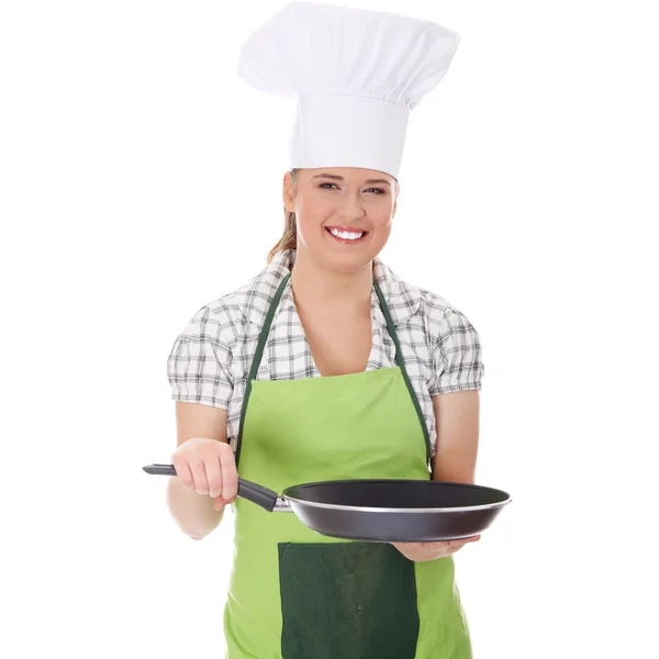 Młoda Kobieta Gotowanie Jedzenie Białym Tle — Zdjęcie stockowe