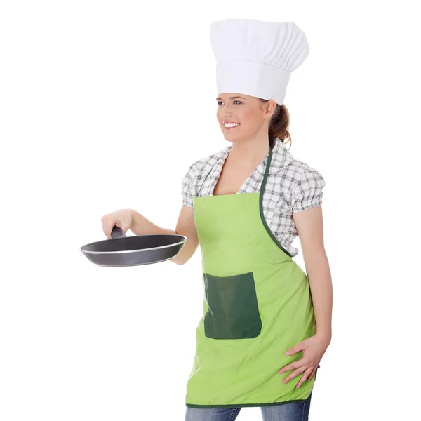 Mujer Joven Cocinando Comida Saludable Aislada Blanco —  Fotos de Stock