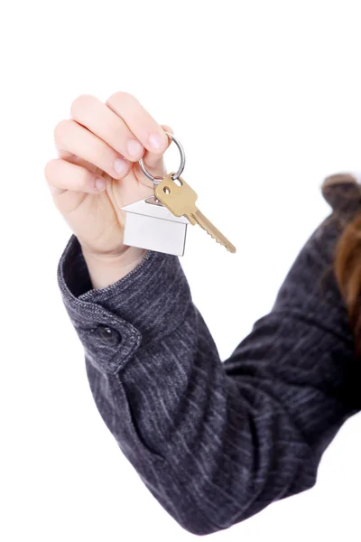 年轻的女商人 房地产经纪人 与房子的钥匙在手 — 图库照片