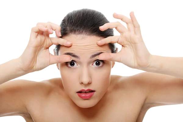 Woman Checking Her Wrinkles Her Forehead Isolated White — Stock Photo, Image