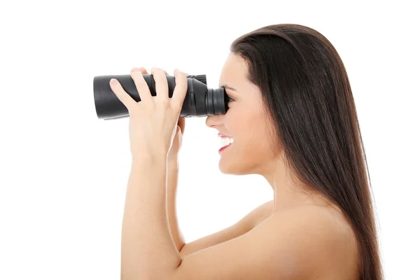 Joven Mujer Feliz Con Binocular Aislado Blanco —  Fotos de Stock