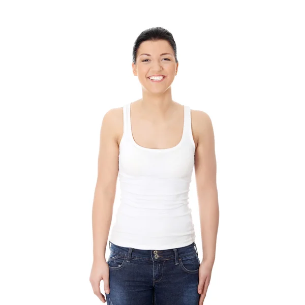 Retrato Uma Jovem Mulher Feliz Isolado Branco — Fotografia de Stock