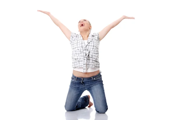 Young happy woman with hands up — Stock Photo, Image