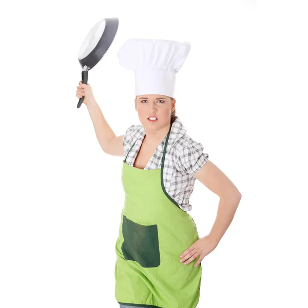 Θυμωμένος Νεαρή Γυναίκα Μαγείρεμα Απομονωμένα Λευκό — Φωτογραφία Αρχείου
