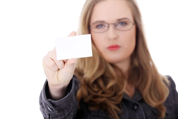 Mulher Negócios Fato Com Cartão Vazio Isolados — Fotografia de Stock