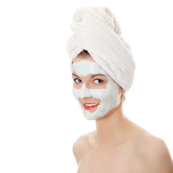 Máscara Cosméticos Barro Belo Rosto Feminino Jovem Isolado Branco — Fotografia de Stock