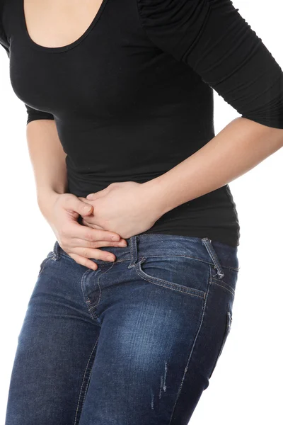 胃问题孤立在白色背景上的女人 — 图库照片