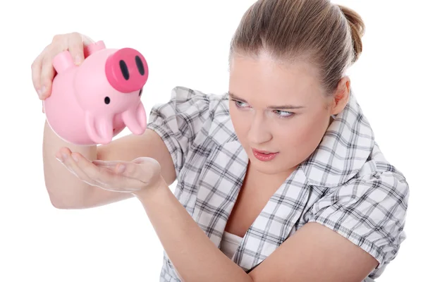 Junge Frau Versucht Geld Aus Ihrem Sparschwein Bekommen Isoliert Auf — Stockfoto