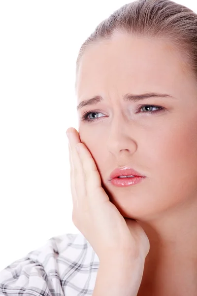 Junge Frau Mit Schmerzen Hat Zahnschmerzen Isoliert Auf Weiß — Stockfoto