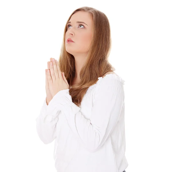 年轻白人女子祈祷 在白色 Isoalted 特写肖像 — 图库照片