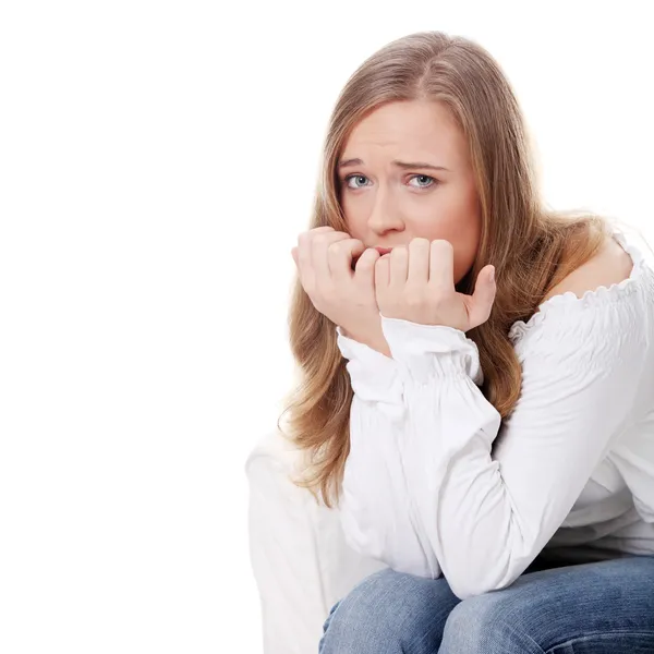 Mujer Joven Estresada Comiendo Sus Uñas Aislada Blanco —  Fotos de Stock