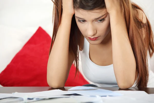 Young Beautiful Woman Stressed Because Bills — Stock Photo, Image