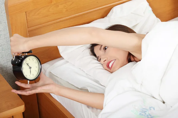 Sleepy Woman Morning Trying Turn Alarm Clock — Stock Photo, Image