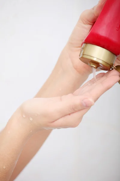 Liquid Gel Soap Pouring Bottle Woman Hand — Stock Photo, Image