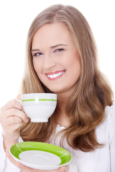 Jong Aantrekkelijk Corpulent Blond Vrouw Drinken Koffie — Stockfoto