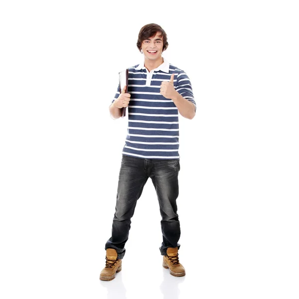 Jonge Gelukkig Student Man Met Laptop Gebaren Geïsoleerd Een Witte — Stockfoto
