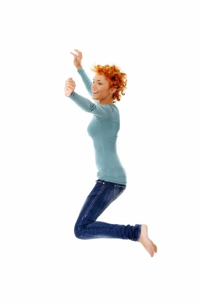 Joven Mujer Caucásica Feliz Saltando Aire Aislado Sobre Fondo Blanco —  Fotos de Stock