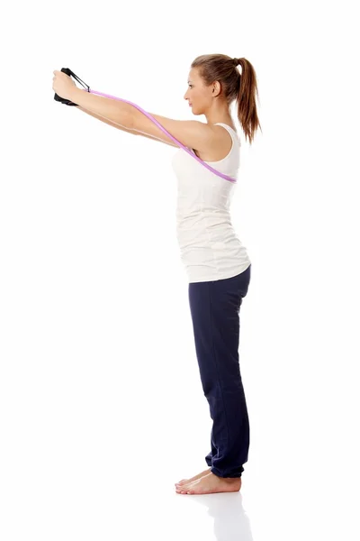 Jeune Femme Faisant Exercice Isolée Sur Blanc — Photo