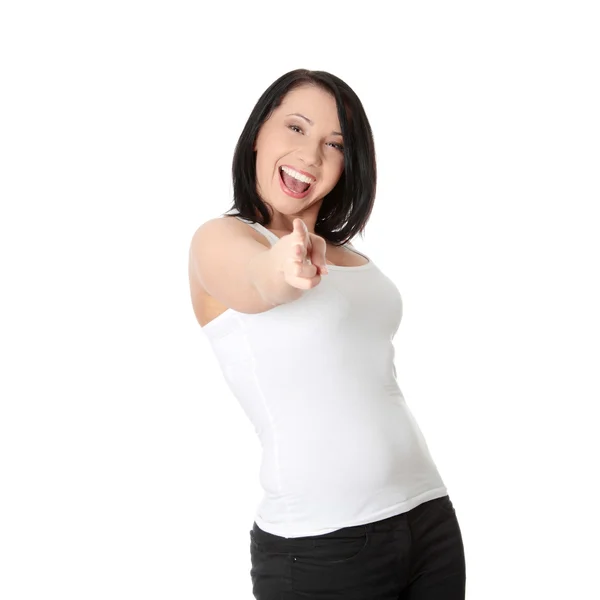 Vackra glada kaukasisk kvinna som pekar på dig — Stockfoto