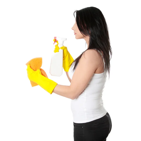 Mujer con esponja y spray . —  Fotos de Stock