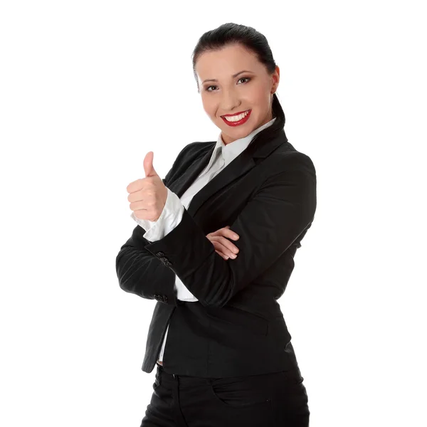 Уверенная деловая женщина стоит и жестикулирует хорошо — стоковое фото