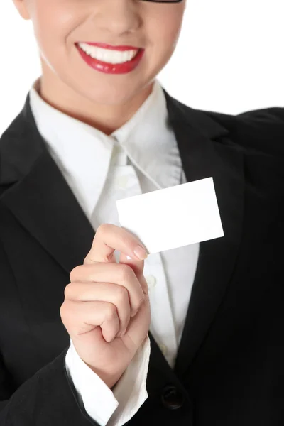 Beautiful businesswoman with business card — Stok fotoğraf
