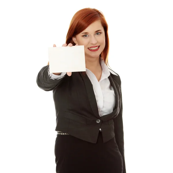Üzletasszony üres kártyával a kezében — Stock Fotó