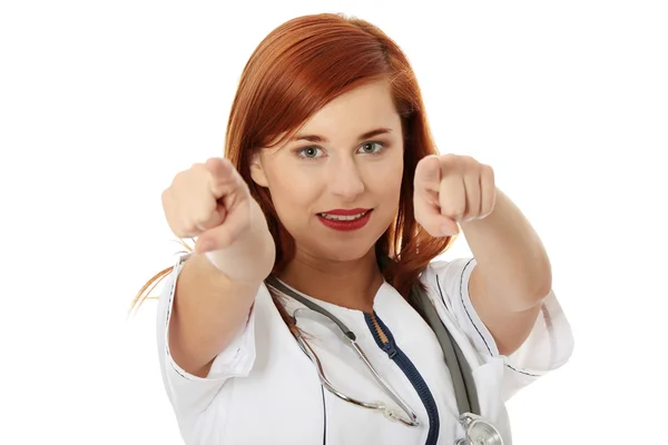 Female doctor pointing at the screen — Stock Photo, Image