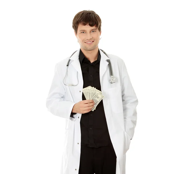 Ein schöner Arzt mit Geld — Stockfoto