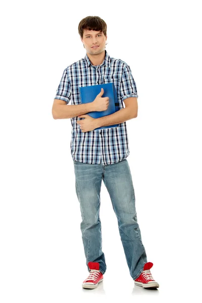 Homem estudante com caderno gesticulando OK , — Fotografia de Stock