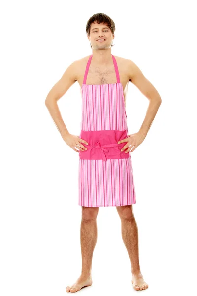 Naked man wering pink apron — Stock Photo, Image