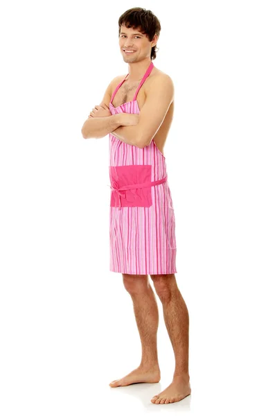 Nackter Mann mit rosa Schürze — Stockfoto