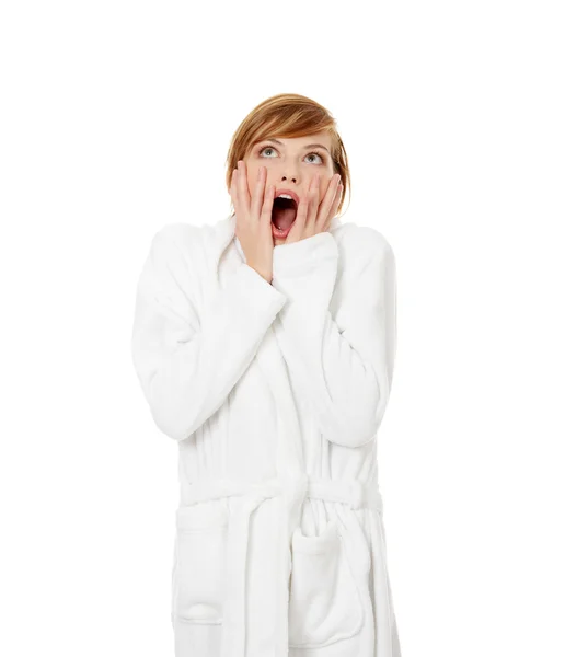 Woman wearing bathrobe — Stock Photo, Image