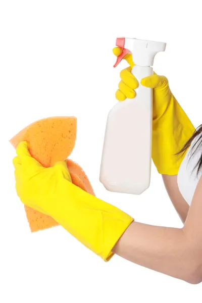 Woman with sponge and spray. — Stock Photo, Image
