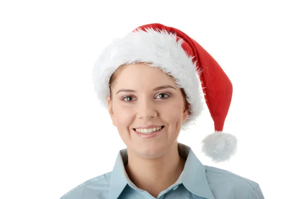 Jeune femme d'affaires en chapeau de Père Noël — Photo
