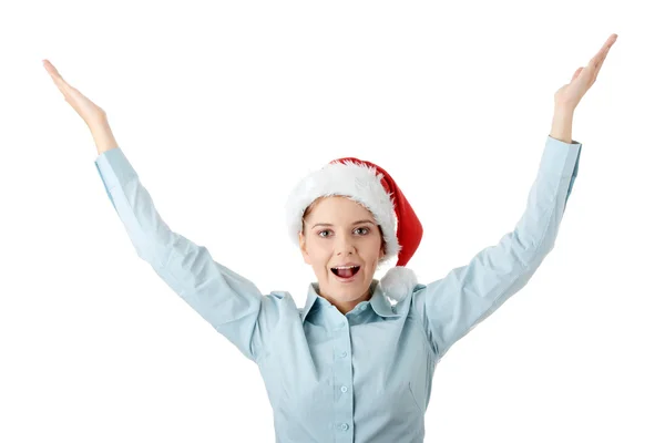 Junge Geschäftsfrau mit Weihnachtsmann-Hut — Stockfoto