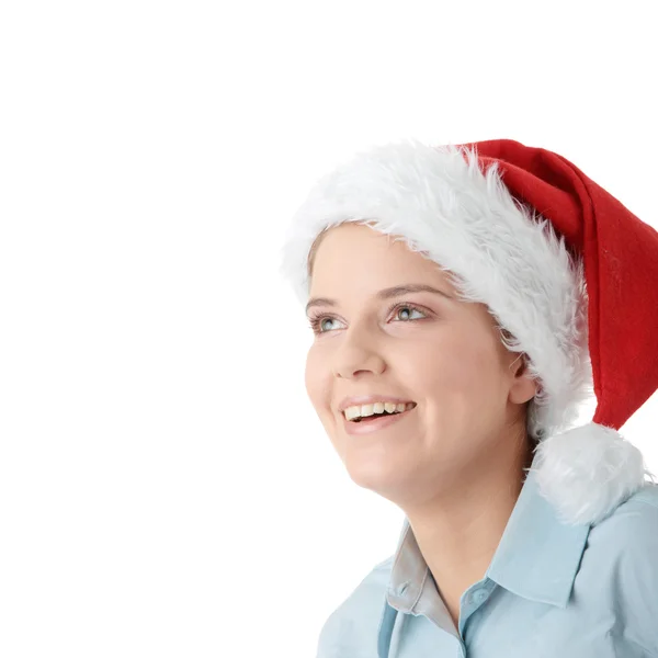 Genç iş kadını olarak Noel Baba şapkası — Stok fotoğraf